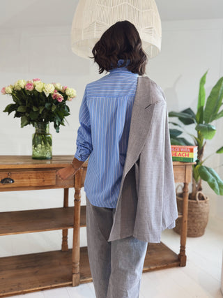 Chemise col victorien rayée bleu&gris