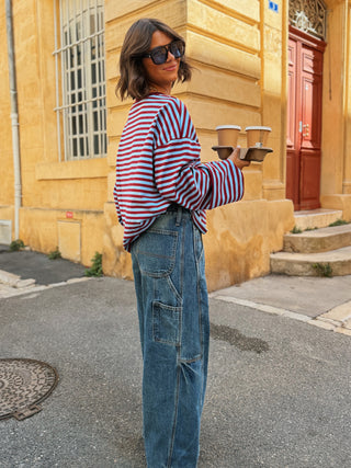 Tee-shirt MARINIÈRE bordeaux&bleu ciel  - col bordeaux