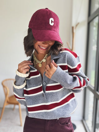 Pull POLO rayé gris&bordeau