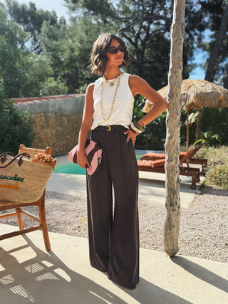 Pantalon en LIN chocolat avec sa ceinture