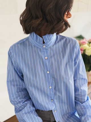 Chemise col victorien rayée bleu&gris