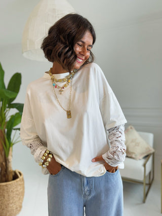 Tee-shirt manches dentelle BLANC