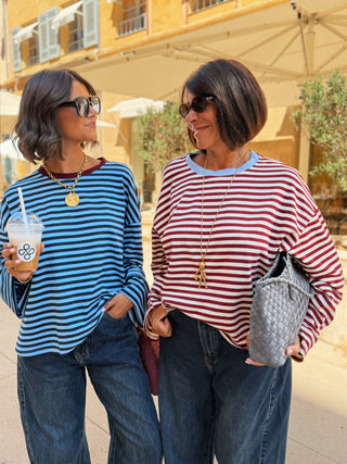 Tee-shirt MARINIÈRE bordeaux&écru - col bleu ciel