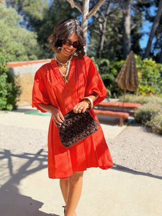 Robe courte manches ballon corail