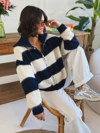 Gilet ZIP rayé marine/écru