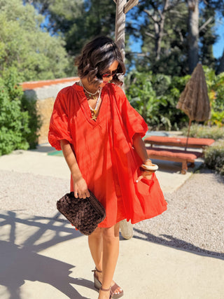 Robe courte manches ballon corail