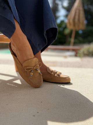 Mules FRANGÉES  façon daim beige