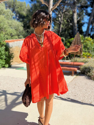 Robe courte manches ballon corail