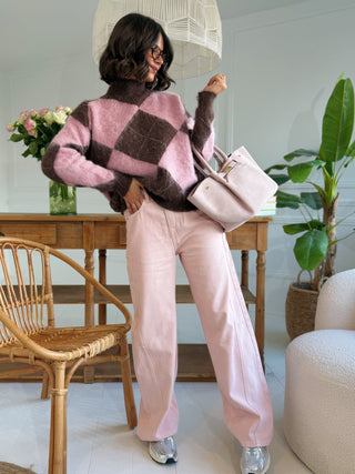 Pull JACQUARD col cheminé rose&marron