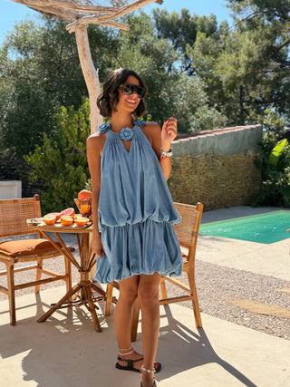 Robe forme ballon avec ses fleurs façon jean