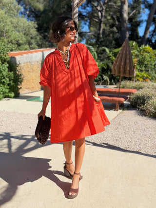 Robe courte manches ballon corail