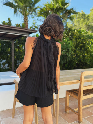 Top fluide OLYMPE plissé avec dentelle noir