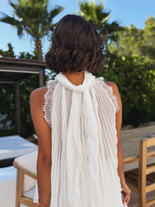 Top fluide OLYMPE plissé avec dentelle blanc