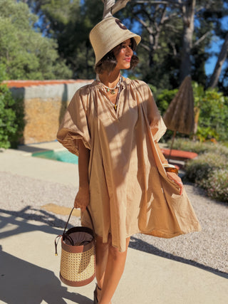 Robe courte manches ballon camel