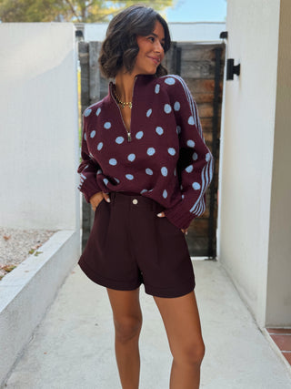 Pull a zip POLKA bleu ciel&bordeaux
