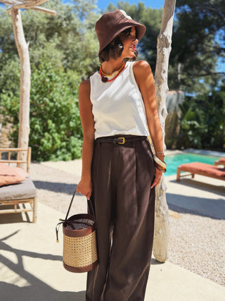 Pantalon en LIN chocolat avec sa ceinture