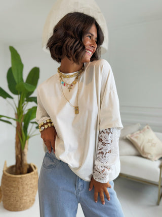 Tee-shirt manches dentelle BLANC