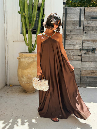 Robe LÉONE satinée chocolat