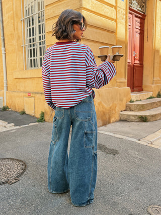 Tee-shirt MARINIÈRE bordeaux&bleu ciel  - col bordeaux