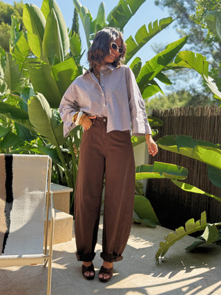 Chemise courte RAPH rayé blanc&chocolat