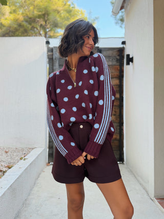 Pull a zip POLKA bleu ciel&bordeaux