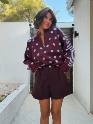 Pull a zip POLKA bleu ciel&bordeaux
