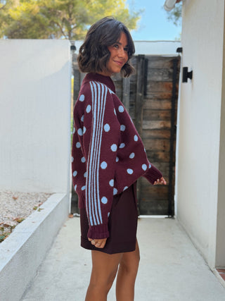 Pull a zip POLKA bleu ciel&bordeaux