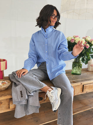 Chemise col victorien rayée bleu&gris