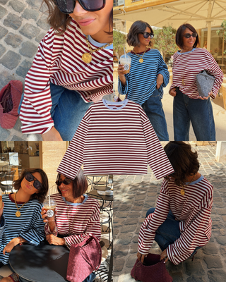 Tee-shirt MARINIÈRE bordeaux&écru - col bleu ciel
