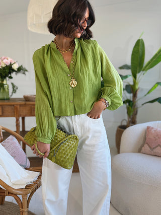 Chemise courte en voile de coton LYLOU vert olive