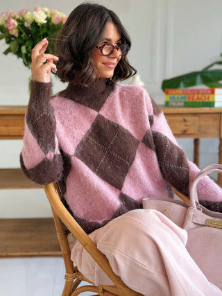 Pull JACQUARD col cheminé rose&marron