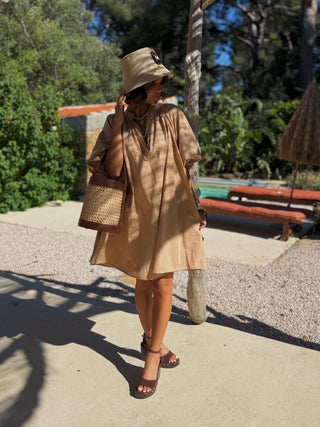 Robe courte manches ballon camel