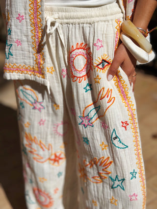 Pantalon broderies colorées