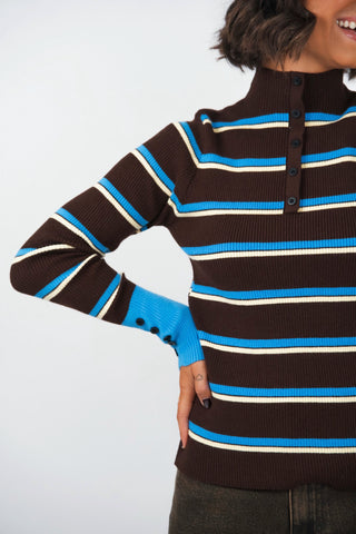 Pull fin chocolat JUDE côtelé rayé bleu&jaune