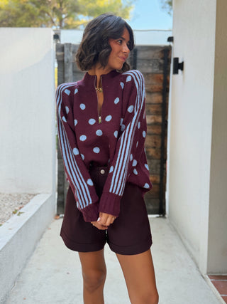 Pull a zip POLKA bleu ciel&bordeaux
