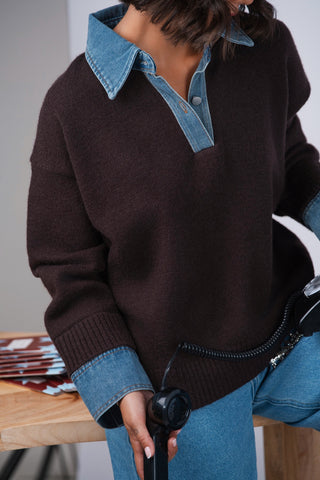 Pull col en jean & maille chocolat