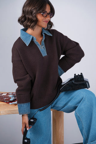 Pull col en jean & maille chocolat