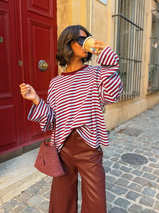 Tee-shirt MARINIÈRE bordeaux&bleu ciel  - col bordeaux