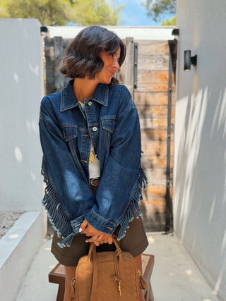 Veste en jean à FRANGES denim brut