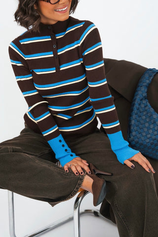Pull fin chocolat JUDE côtelé rayé bleu&jaune