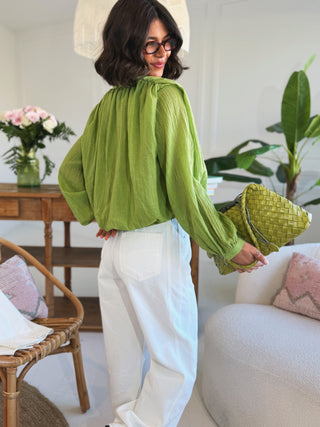 Chemise courte en voile de coton LYLOU vert olive