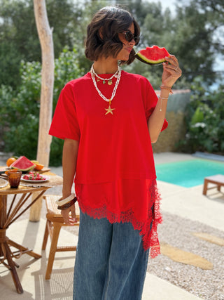 Tee-shirt dentelle rouge