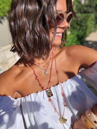 Collier 3 rangs orange sur cordon