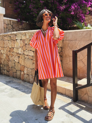 Robe courte rayée rose&orange
