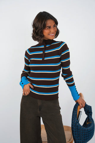 Pull fin chocolat JUDE côtelé rayé bleu&jaune