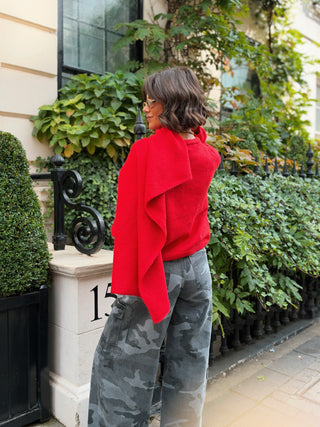 Pull POPPIES rouge en maille col écharpe