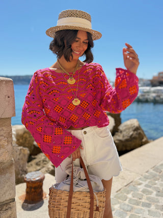 Top CROCHET rose&orange