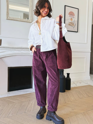 Pantalon barrel VELOURS prune