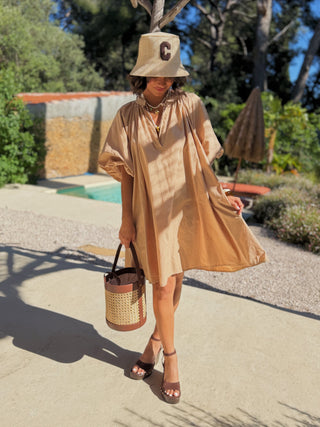Robe courte manches ballon camel