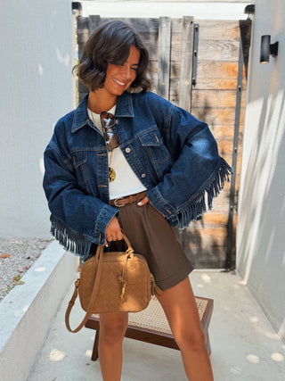 Veste en jean à FRANGES denim brut